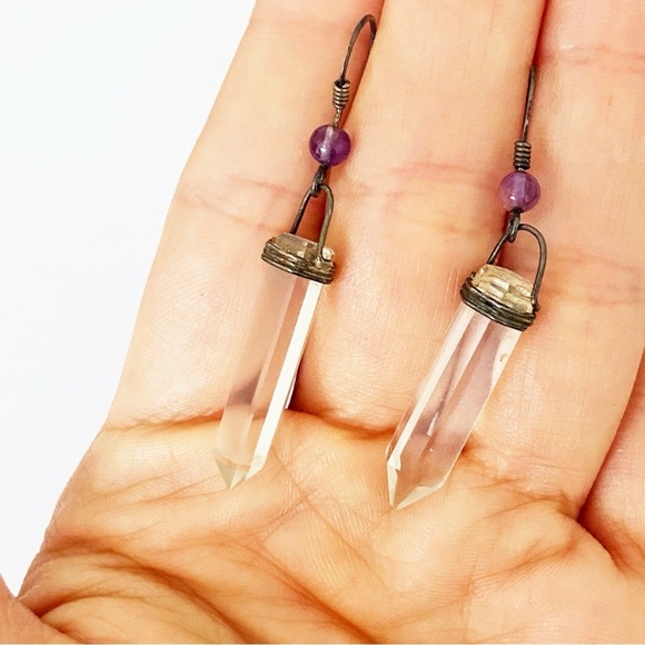 Sterling silver amethyst crystal point drop earrings - Picture 4 of 6
